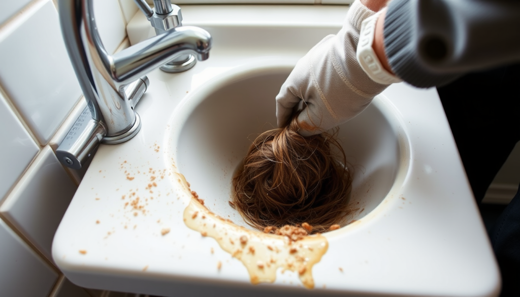 Gloved hand pulling a hair and grease clog from an open bathroom sink drain, a common reason a drain keeps clogging.