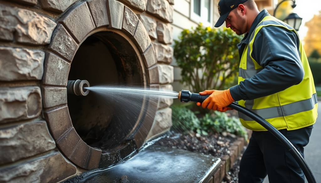 Technician feeding a hydro jetting hose into a sewer cleanout, illustrating hydro jetting vs snaking for drain cleaning.