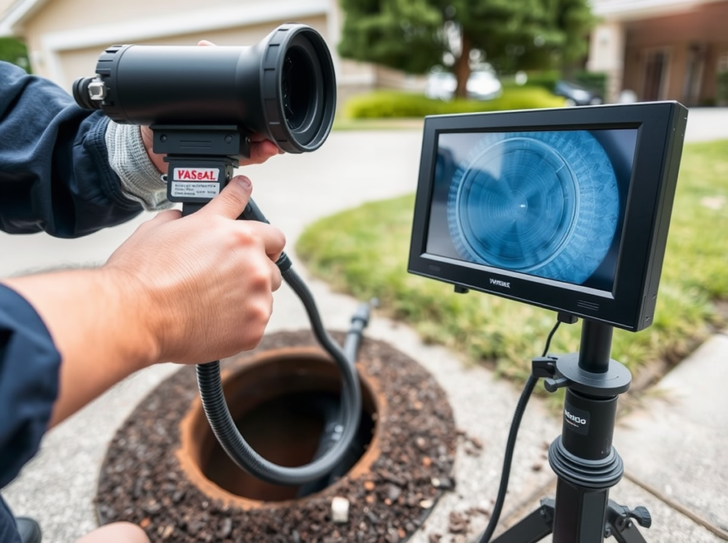 Technician running a sewer camera inspection cable into a cleanout while viewing the pipe on a monitor.