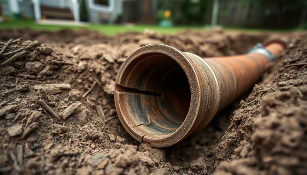Cracked cast-iron sewer pipe exposed in a backyard trench, one of the clearest sewer line repair signs.
