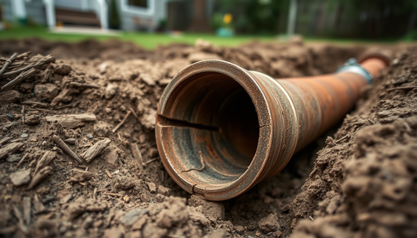 Cracked cast-iron sewer pipe exposed in a backyard trench, one of the clearest sewer line repair signs.