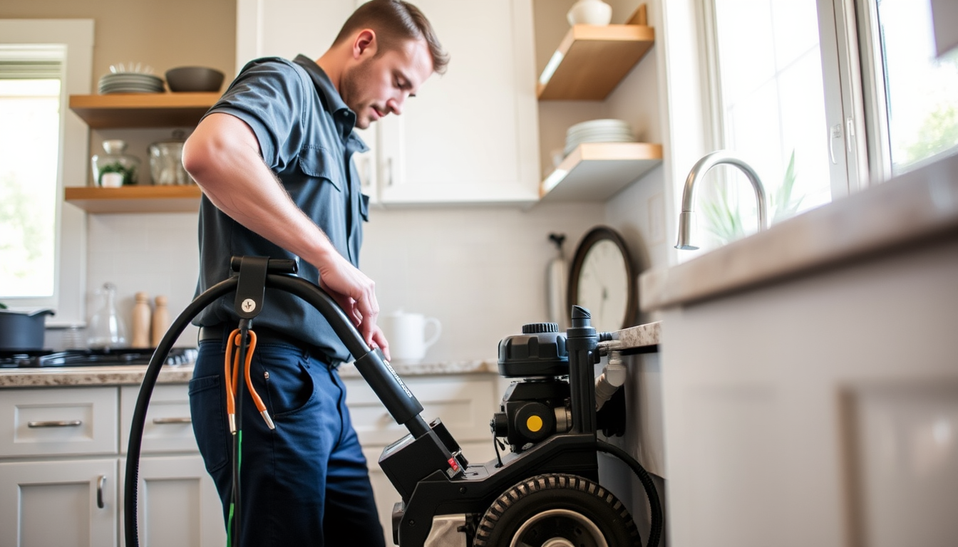 Technician performing routine drain cleaning at a kitchen sink cleanout, part of a regular drain maintenance schedule.