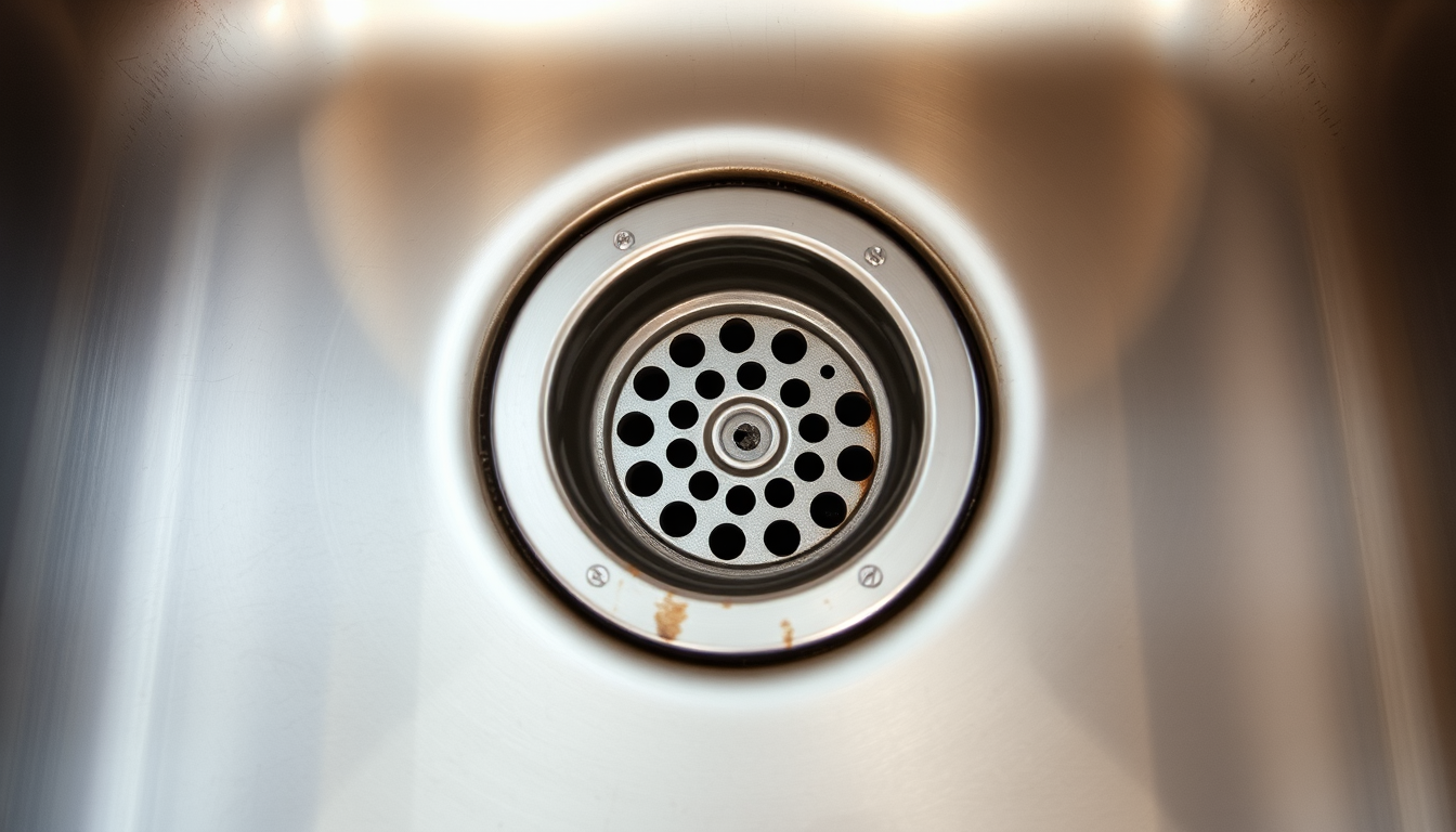 Kitchen sink drain seen from above, the usual source when a kitchen sink smells despite cleaning.