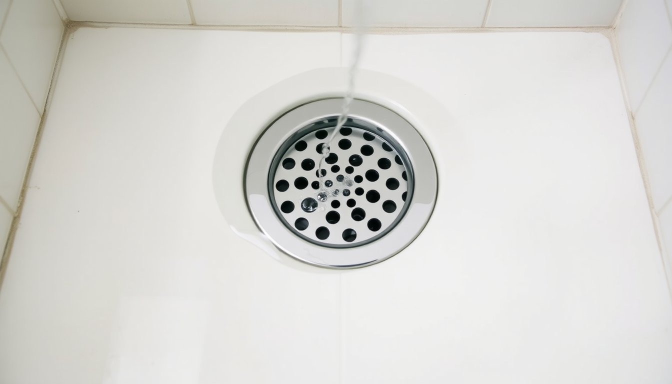 Water pooling around a shower drain on tile, showing a slow draining shower before cleaning.