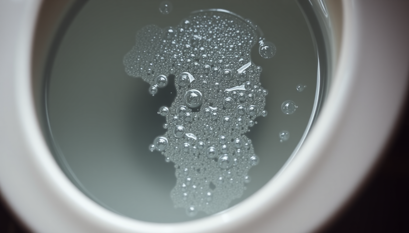 Air bubbles rising in a toilet bowl, the classic sign of toilet gurgling from a blocked drain or vent.