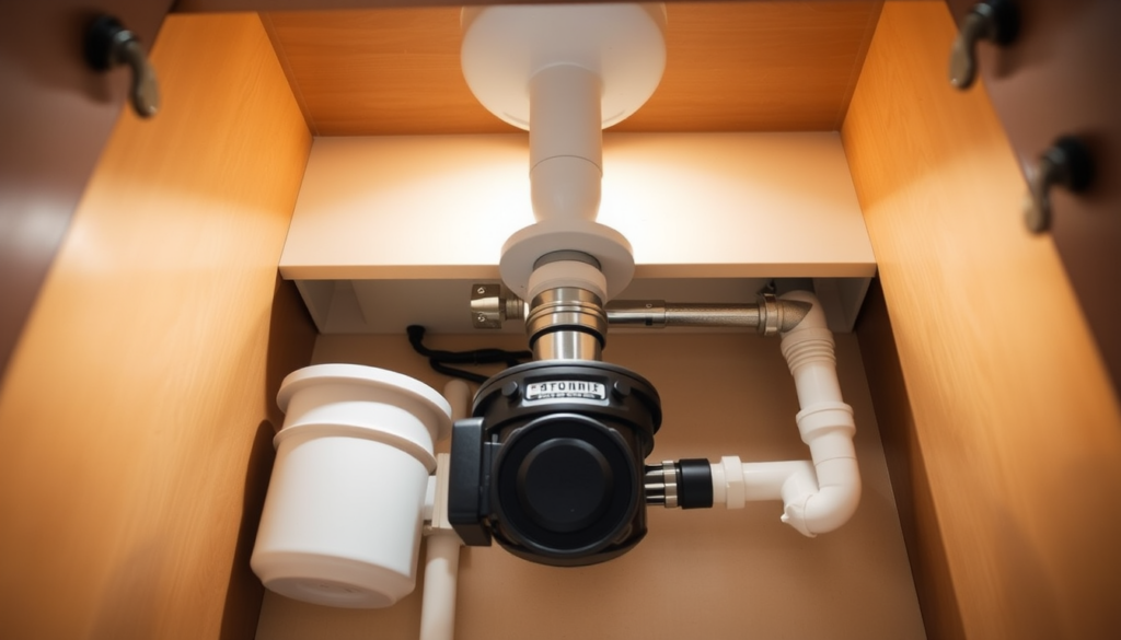 Garbage disposal and drain plumbing under a kitchen sink, where a garbage disposal clogged with scraps backs up.