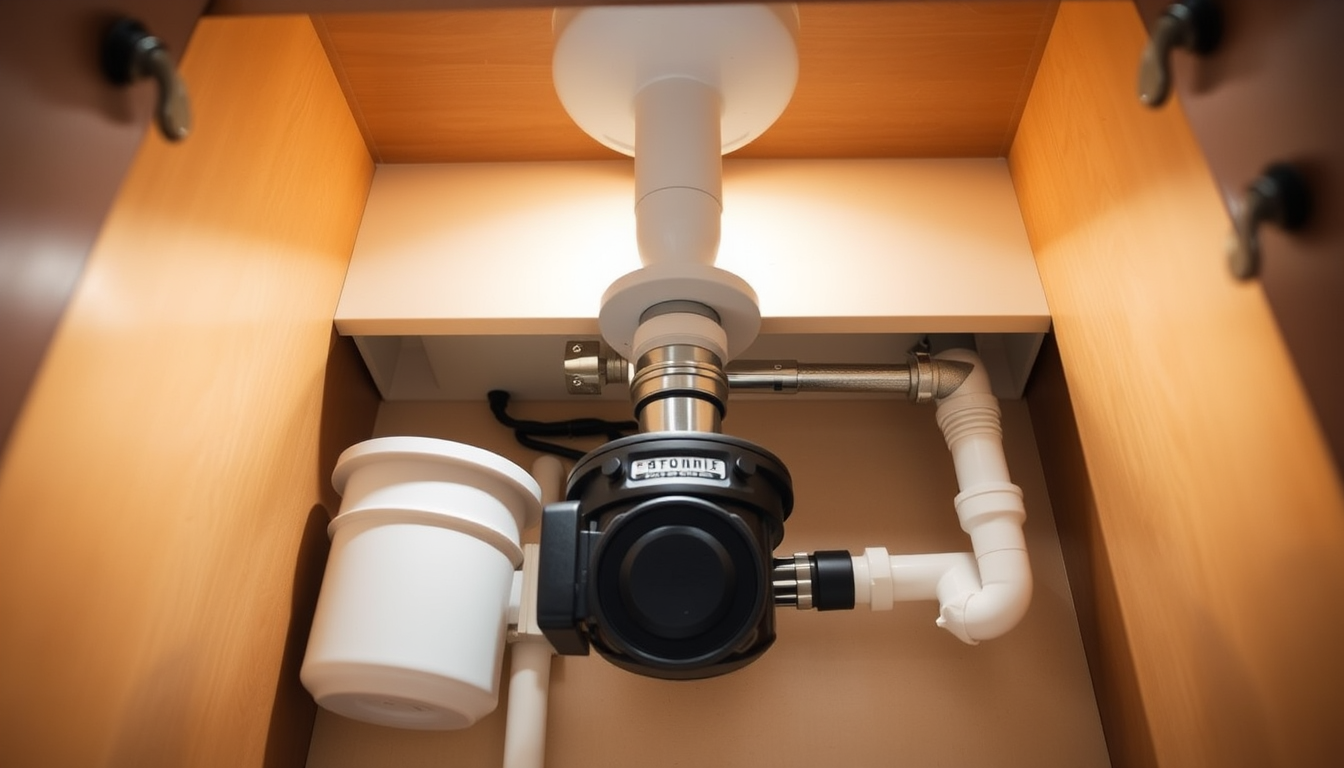 Garbage disposal and drain plumbing under a kitchen sink, where a garbage disposal clogged with scraps backs up.