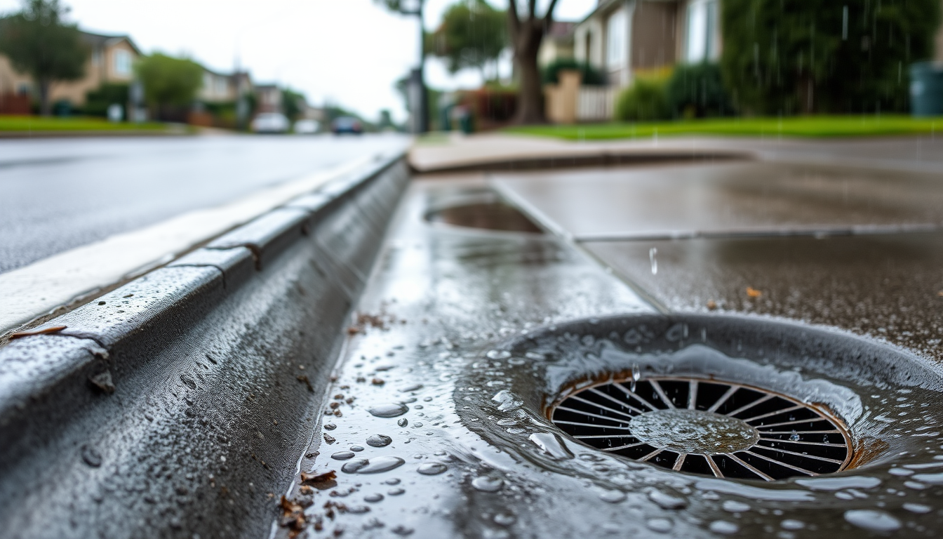 Heavy rain streaming along a residential curb toward a drain, conditions that trigger a sewer backup during heavy rain.