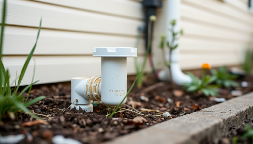 Capped sewer cleanout pipe beside a home exterior, answering what is a sewer cleanout and where to find it.