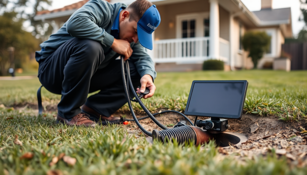 Technician running a push camera during a Sewer Lateral Inspection at a residential cleanout