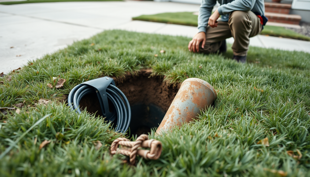 Access pit and pipe bursting head set up for Trenchless Sewer Line Replacement in a front yard